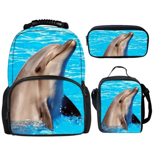  Showudesigns Dolphin Large Schoolbag Backpack and Small Lunch Bag Pencil Case for College Kids