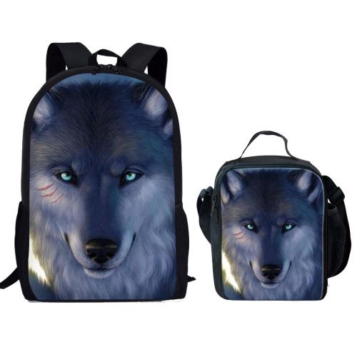  Showudesigns Schoolbag Travel Backpack Bookbag and Lunch Box Cooler Bag for Boys Kids Elementary Wolf