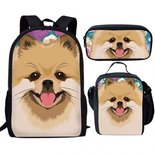  Showudesigns 3 Pieces School Backpack Set Kids Bookbag and Small Lunch Bag Pencil Case Pomeranians Print