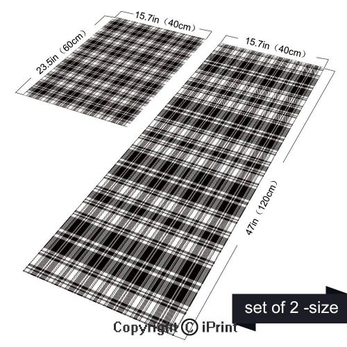  Shu Juan Mat Kitchen Rugs,2 Pieces Non-Slip Flannel Kitchen Mat Rubber Backing Doormat,British Tartan Pattern with Vertical and Horizontal Symmetric Stripes Image Runner Rug Set 15.7x23.6+15.7x