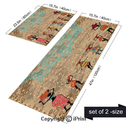  Shu Juan Mat Kitchen Rugs Set 2 Piece Non-Slip Kitchen Mats and Rugs Runner Set,Vintage Girls with Pots on The Head on Folkloric Boho Background Illustration Rubber Backing Floor Rug Doormat Ma
