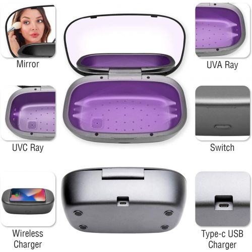  Shuang UV Light Sanitizer Box with Wireless Charger, Portable UVC Sanitizer Disinfection Box for Cell Phone, Makeup Tools, Glasses, Earphone, Watches, Keys, 6 UVC LEDs, Sterilization Rate