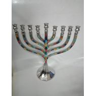 /ShukisJudaica Hanukkah menorah with Multi Mosaic Inlay Traditional Shaped Silver Aluminum Hanukia