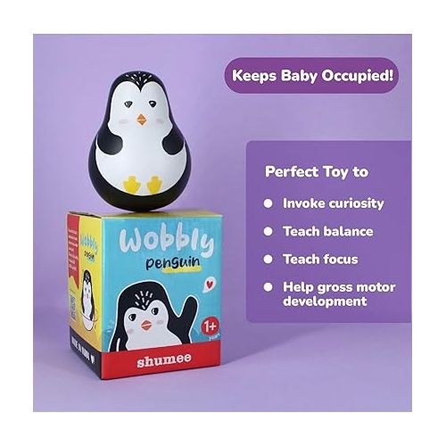  Shumee Wooden Penguin Wobbler/Wobble Toy - Baby Tummy Time Toy Montessori Tumbler Toys - (1-3 Years)| Roly Poly Toys | Wobbler Toys, Baby Development Toy for Infants Toddlers, Infant Boy Girl Gifts