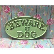 Shumpsjunk Cast Iron Beware Of Dog Sign Vintage Green Distressed Yard Gate Door Fence Porch Plaque Canine Vet