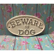 Shumpsjunk Cast Iron Beware Of Dog Sign Ivory Distressed Yard Gate Door Fence Porch Plaque Canine Vet