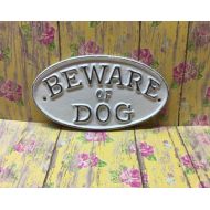 Shumpsjunk Cast Iron Beware Of Dog Sign White Distressed Yard Gate Door Fence Porch Plaque Canine Vet