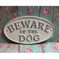 Shumpsjunk Large Cast Iron Beware Of The Dog Sign White Distressed Yard Gate Door Fence Porch Plaque Canine Vet