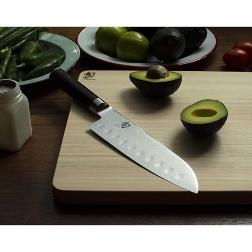  Shun Classic 7” Hollow-Ground Santoku All-Purpose Kitchen Knife; VG-MAX Blade Steel and Ebony PakkaWood Handle; Hollow-Ground Indentations for Reduced Friction and Smoother Cuts; Handcrafted in Japan