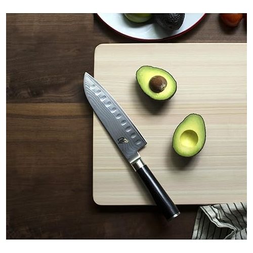  Shun Classic 7” Hollow-Ground Santoku All-Purpose Kitchen Knife; VG-MAX Blade Steel and Ebony PakkaWood Handle; Hollow-Ground Indentations for Reduced Friction and Smoother Cuts; Handcrafted in Japan