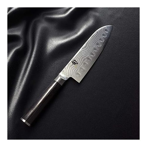  Shun Classic 7” Hollow-Ground Santoku All-Purpose Kitchen Knife; VG-MAX Blade Steel and Ebony PakkaWood Handle; Hollow-Ground Indentations for Reduced Friction and Smoother Cuts; Handcrafted in Japan