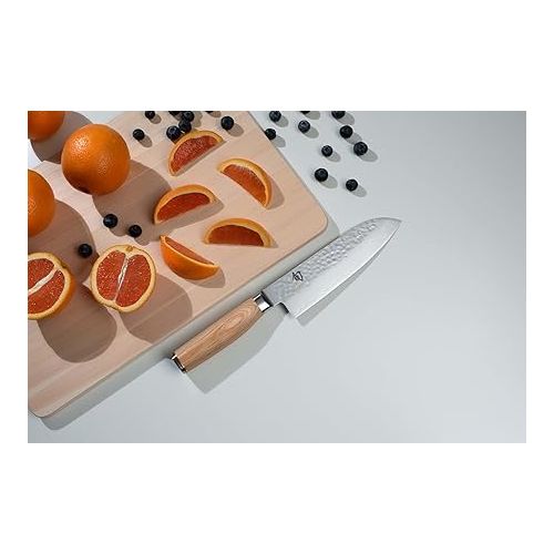  Shun Premier Blonde Santoku Knife, 7 inch VG-MAX Stainless Steel Blade with Tsuchime Finish and Pakkawood Handle, Cutlery Handcrafted in Japan, Silver