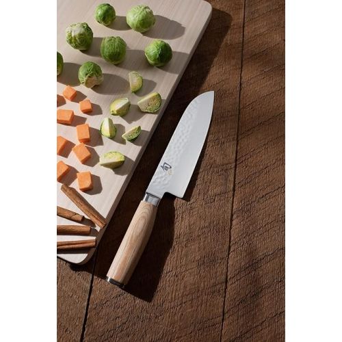  Shun Premier Blonde Santoku Knife, 7 inch VG-MAX Stainless Steel Blade with Tsuchime Finish and Pakkawood Handle, Cutlery Handcrafted in Japan, Silver