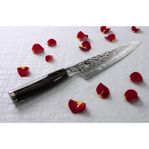  Shun Premier 7-inch Asian Cook’s Knife; High-Performance Japanese Knife; Lighter, Nimbler, Multi-Purpose Kitchen Knife; Handcrafted, Damascus Cladding, Hammered Tsuchime Finish, Pa