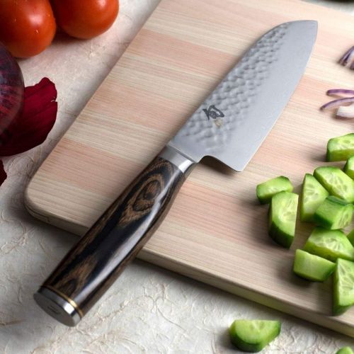  Shun Premier 5.5-inch Santoku; Top Performance in Smaller Kitchen Knife; Proprietary Steel, High-Performance Blade; Hammered Tsuchime Blade Finish; Walnut PakkaWood Handle; Handcra