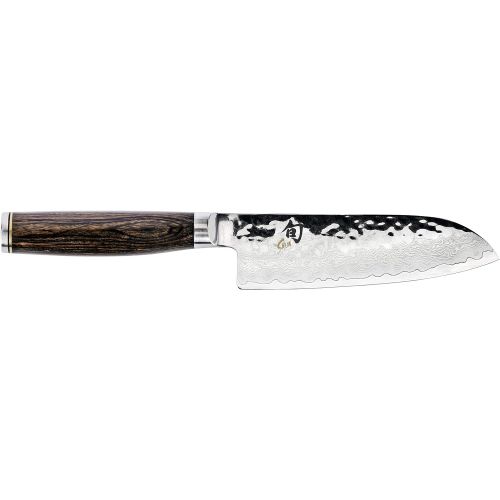  Shun Premier 5.5-inch Santoku; Top Performance in Smaller Kitchen Knife; Proprietary Steel, High-Performance Blade; Hammered Tsuchime Blade Finish; Walnut PakkaWood Handle; Handcra