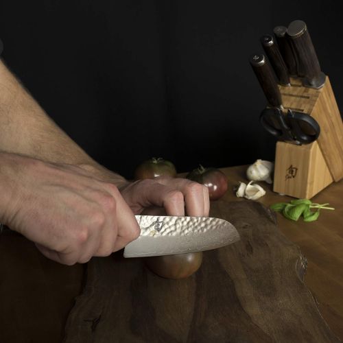  Shun Premier 5.5-inch Santoku; Top Performance in Smaller Kitchen Knife; Proprietary Steel, High-Performance Blade; Hammered Tsuchime Blade Finish; Walnut PakkaWood Handle; Handcra