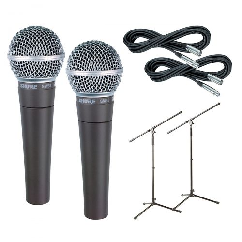  Shure},description:This microphone kit provides you with 2 of Shures popular SM58 mics, with 2 - 20 Gear One XLR cables, and 2 Musicians Gear MS-220 mic stand with fixed booms.Shur