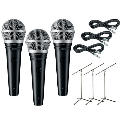  Shure},description:The Shure PGA48 Microphone and Stand 3-Pack includes one Shure PG48 Dynamic Vocal Microphone 3-pack, three 20 Lo-Z Microphone cables, and three Tripod Boom Micro