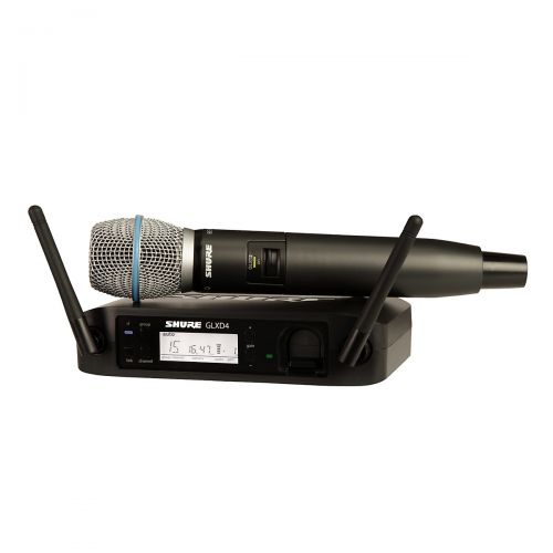  Shure},description:Handheld wireless microphone system fitted with a Beta87A capsule. The GLXD24B87A system consists of the Beta87A capsule built into a GLXD2 digital handheld tra