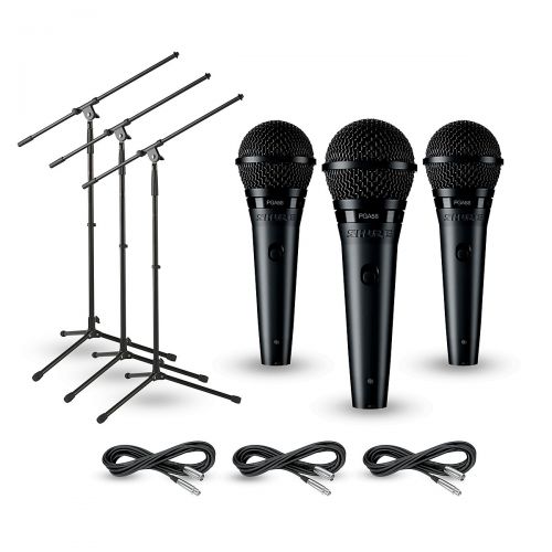  Shure},description:The Shure PGA58 microphone and stand 3-Pack includes one Shure PGA58 Dynamic Vocal Microphone 3-pack, three 20 Lo-Z Microphone cables, and three Tripod Boom Micr