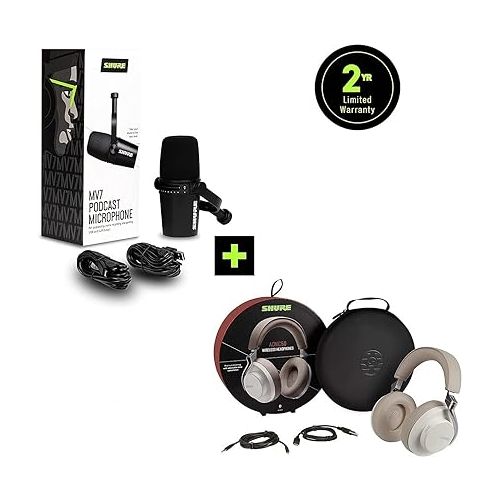  Shure MV7 USB/XLR Dynamic Microphone + AONIC 50 Headphones for Podcasting, Recording, Streaming & Gaming, Built-in Headphone Output, Voice-Isolating Technology - Black/White