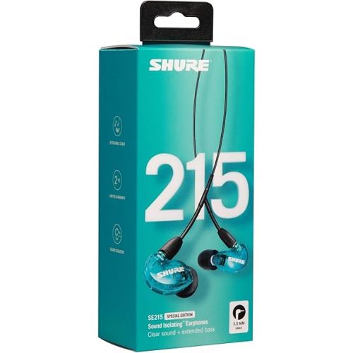  Shure SE215 Wired Earbuds - Sound Isolating, Clear Sound, Deep Bass, Secure Fit - Blue