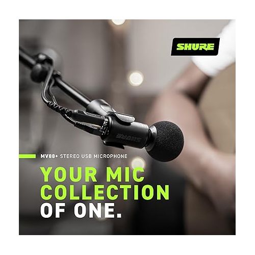  Shure MV88+ Stereo USB Microphone - Condenser Microphone for Streaming and Recording Vocals & Instruments, Mac & Windows Compatible, Real-Time Headphone Monitoring Output, Travel Friendly - Black