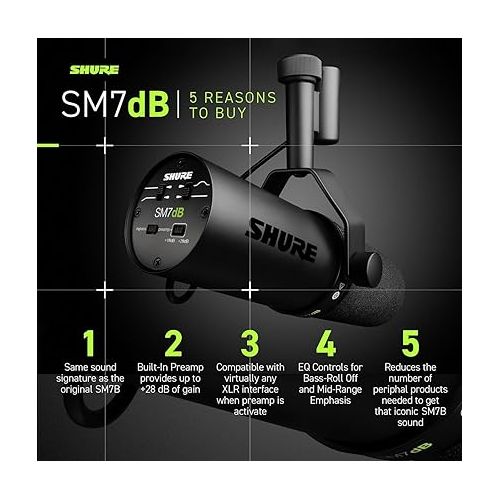  Shure SM7dB Dynamic Vocal Microphone w/Built-in Preamp for Streaming, Podcast, & Recording with Detachable Windscreen and 20ft XLR Cable