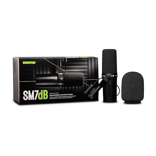  Shure SM7dB Dynamic Vocal Microphone w/Built-in Preamp for Streaming, Podcast, & Recording, Wide-Range Frequency, Warm & Smooth Sound, Rugged Construction, Detachable Windscreen - Black