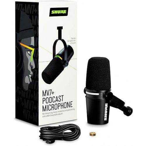  Shure MV7+ Podcast Microphone. Enhanced Audio, LED Touch Panel, USB-C & XLR Outputs, Auto Level Mode, Digital Pop Filter, Reverb Effects, Podcasting, Streaming, Recording - Black