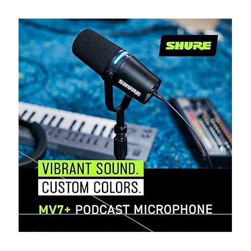  Shure MV7+ Podcast Microphone. Enhanced Audio, LED Touch Panel, USB-C & XLR Outputs, Auto Level Mode, Digital Pop Filter, Reverb Effects, Podcasting, Streaming, Recording - Black