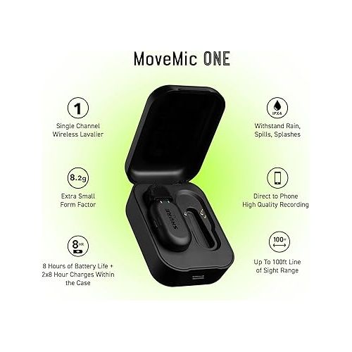  Shure MoveMic One - Pro Direct to Phone Wireless Lavalier Microphone for iPhone & Android, Bluetooth Mini Mic, 24 Hours Charge, Quick Set Up, IPX4, Compact & Portable Clip Lav (MV-ONE-Z7)