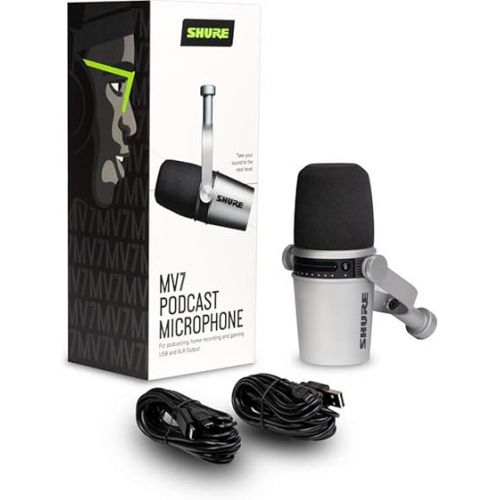  Shure MV7 Podcast Microphone (Silver) Bundle with AKG K240 Studio Pro Headphones & Mic Stand