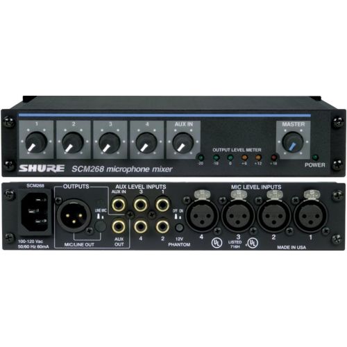  Shure SCM268 4-Channel Microphone Mixer, 6 Transformers, Phantom Power and IEC Power Cord Connector