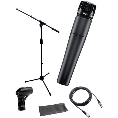  Shure SM57-LC Instrument/Vocal Cardioid Dynamic Microphone Bundle with Mic Boom Stand, XLR Cable, Mic Clip, and Bag