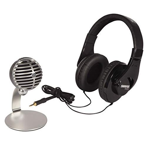  Shure Mobile Recording Kit with SRH240A Headphones and MV5 Microphone Including Lightning and USB Cables, Grey, Black (MV5/A-240 BNDL)