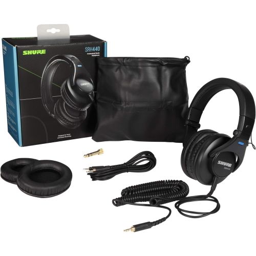  Shure SRH440 Professional Studio Headphones, Enhanced Frequency Response and Extended Range for Home and Studio Recording, with Detachable Coiled Cable, Carrying Bag and 1/4 Adapte