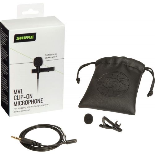  Shure MVL Omnidirectional Condenser Lavalier Microphone [1/8 (3.5mm)] + Windscreen, Tie-Clip, Mount and Carrying Pouch, Black