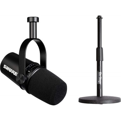  Shure MV7 USB Microphone + On Stage Desktop Stand Bundle for Podcasting, Recording, Streaming & Gaming, Built-In Headphone Output, All Metal USB/XLR Dynamic Mic, Voice-Isolating Te