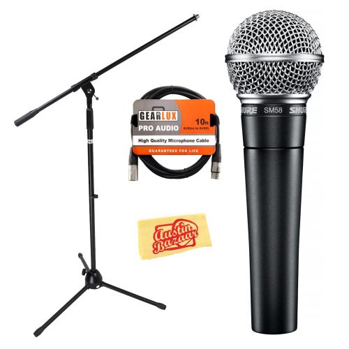 Shure SM58-LC Cardioid Dynamic Vocal Microphone Bundle with Boom Stand, XLR Cable, and Austin Bazaar Polishing Cloth