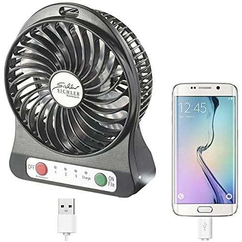  Sichler Haushaltsgerate Ventilator mit Batterie: 3in1-Akku-Tisch-Ventilator mit Powerbank-Funktion & Leuchte, 1.800 mAh (Batteriebetriebener Ventilator)