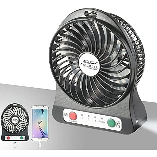  Sichler Haushaltsgerate Ventilator mit Batterie: 3in1-Akku-Tisch-Ventilator mit Powerbank-Funktion & Leuchte, 1.800 mAh (Batteriebetriebener Ventilator)
