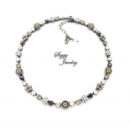  Siggy-Jewelry Swarovski Crystal Flower Embellished Necklace, Jet Hematite, White Opals, Rose Gold, Neutrals, Ornate Flower Clusters, MOONLIGHT MINGLE, Gift Packaged