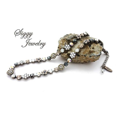  Siggy-Jewelry Swarovski Crystal Flower Embellished Necklace, Jet Hematite, White Opals, Rose Gold, Neutrals, Ornate Flower Clusters, MOONLIGHT MINGLE, Gift Packaged