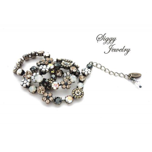  Siggy-Jewelry Swarovski Crystal Flower Embellished Necklace, Jet Hematite, White Opals, Rose Gold, Neutrals, Ornate Flower Clusters, MOONLIGHT MINGLE, Gift Packaged