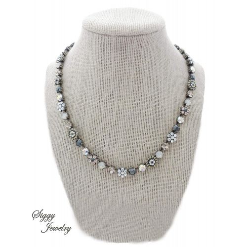  Siggy-Jewelry Swarovski Crystal Flower Embellished Necklace, Jet Hematite, White Opals, Rose Gold, Neutrals, Ornate Flower Clusters, MOONLIGHT MINGLE, Gift Packaged