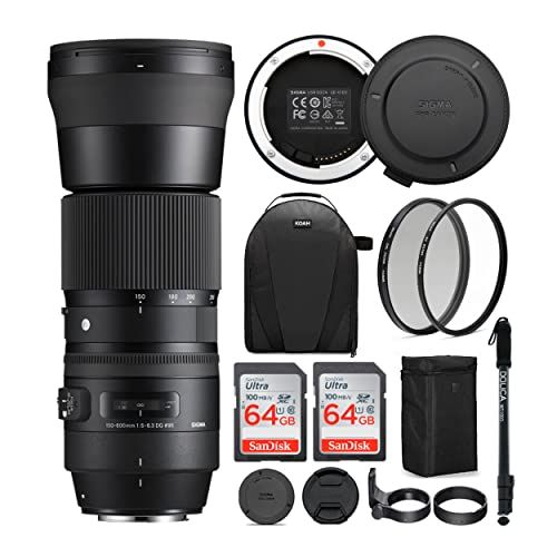  Sigma 150-600mm 5-6.3 Contemporary DG OS HSM Lens for Canon DSLR Cameras USB Dock and Two 64GB SD Card Bundle (7 Items)