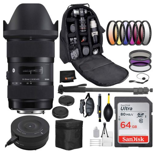  Sigma 18-35mm F1.8 Art DC HSM Lens for Canon EF DSLR Cameras + Sigma USB Dock with Professional Bundle Package Deal  9 pc Filter Kit + SanDisk 64gb SD Card + Backpack + More