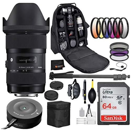  Sigma 18-35mm F1.8 Art DC HSM Lens for Nikon F DSLR Cameras + Sigma USB Dock with Professional Bundle Package Deal  9 pc Filter Kit + SanDisk 64gb SD Card + Backpack + More